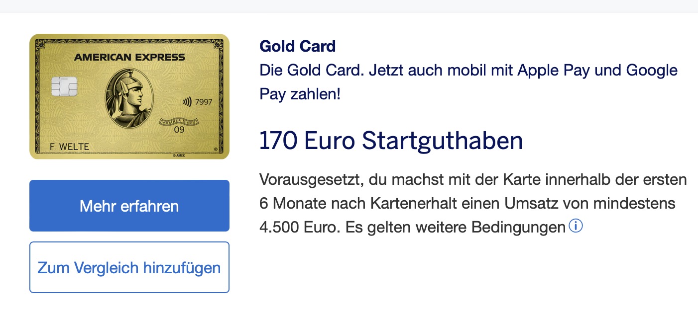 American Express Goldkarte mit Startguthaben