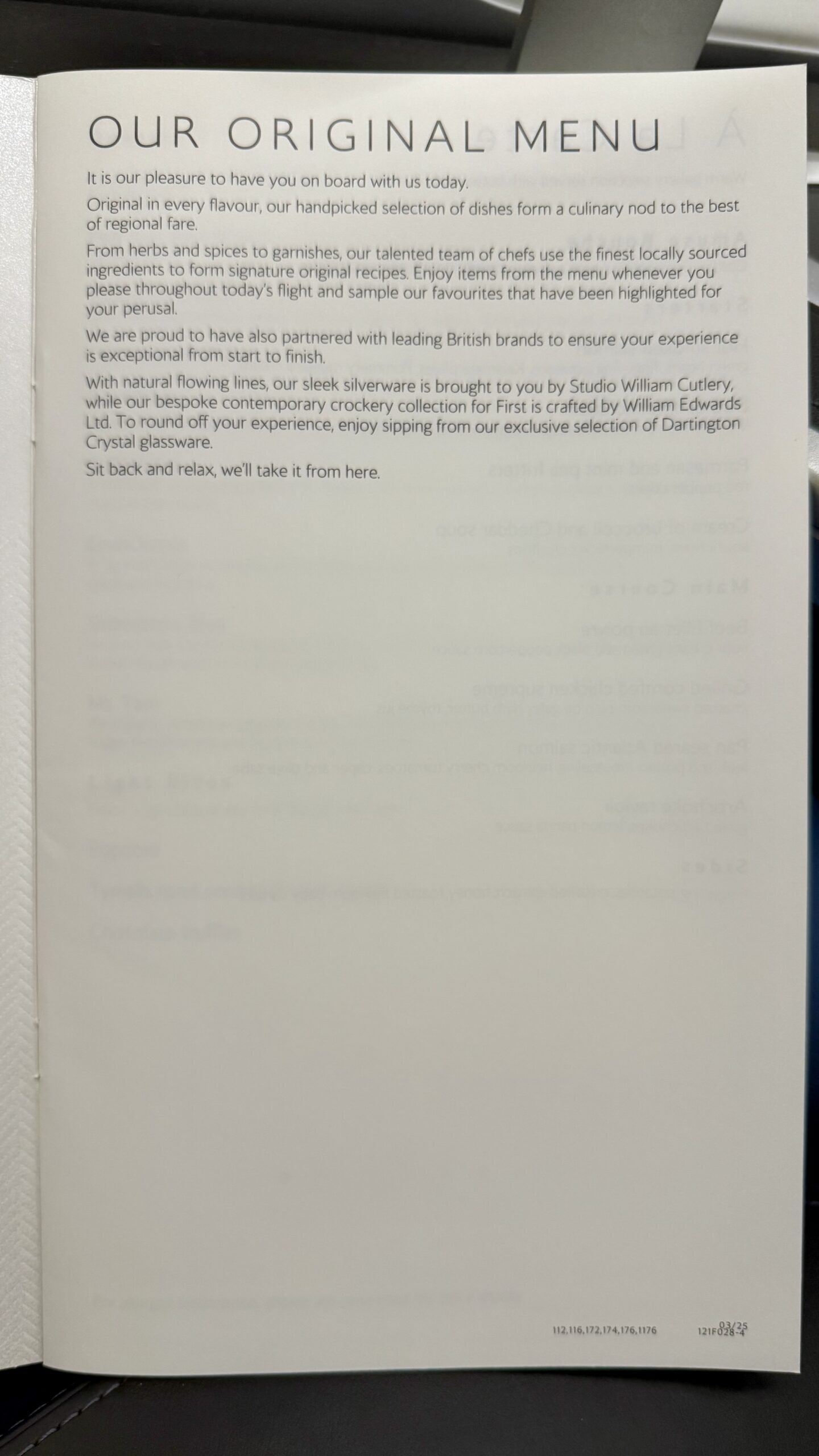 British Ariways First Class Menü, März 2025, JFK-LHR