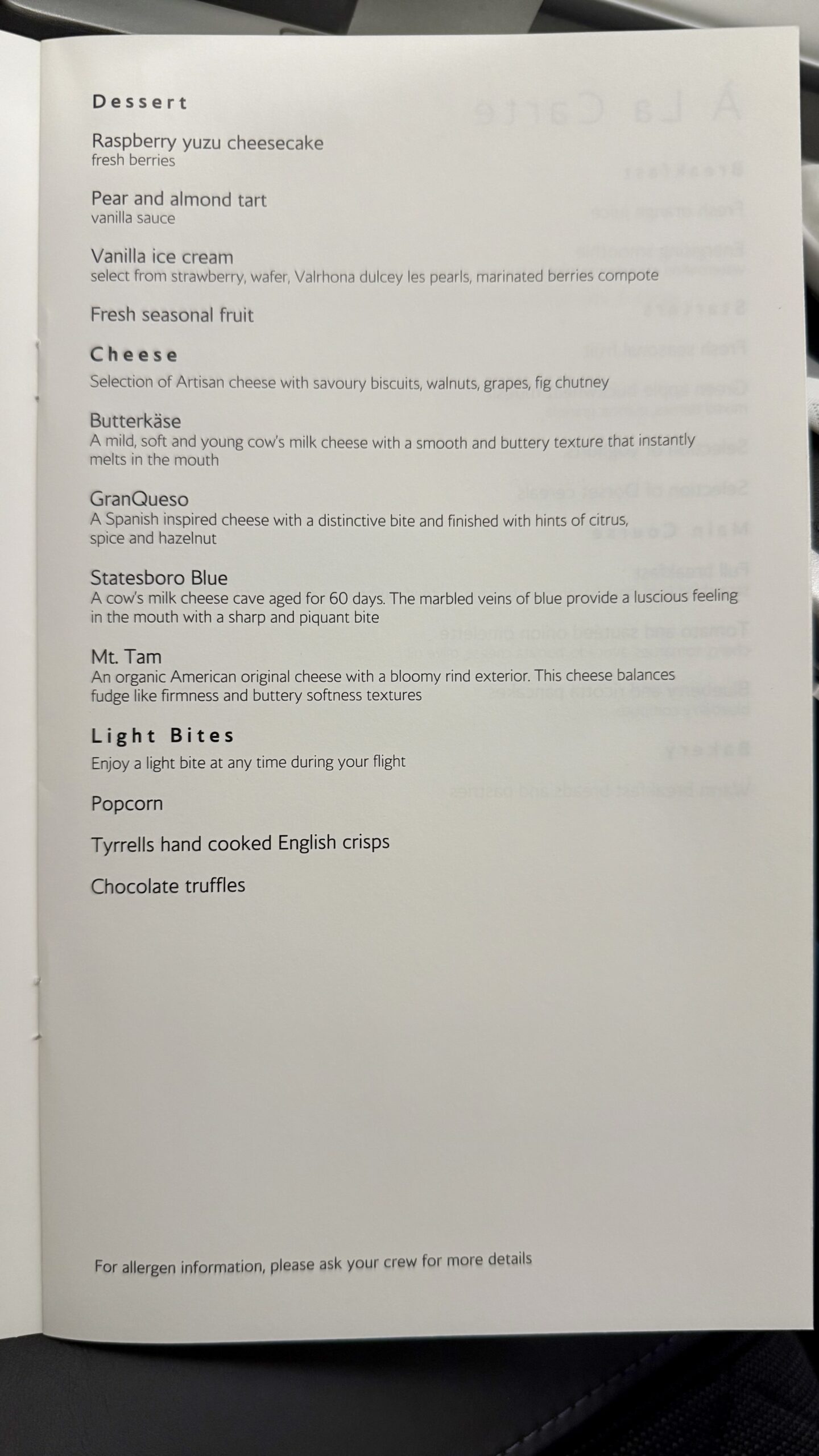 British Ariways First Class Menü, März 2025, JFK-LHR