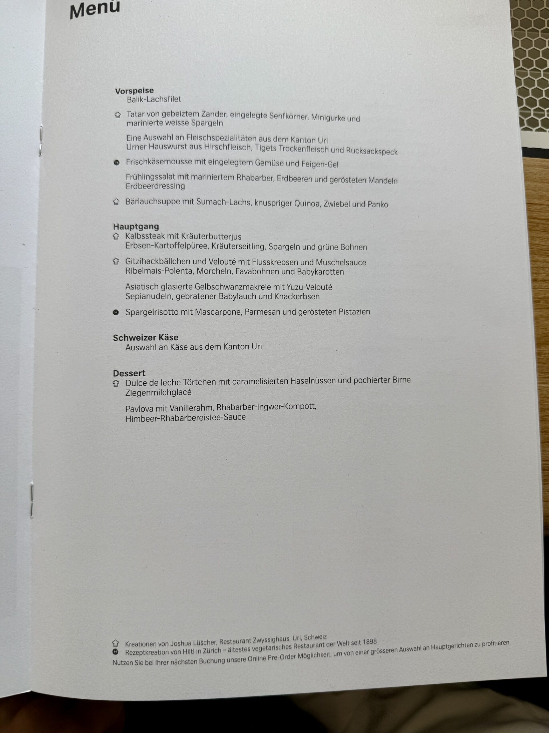 Menü in der Siwss First, April 2025, Zürich Dubai